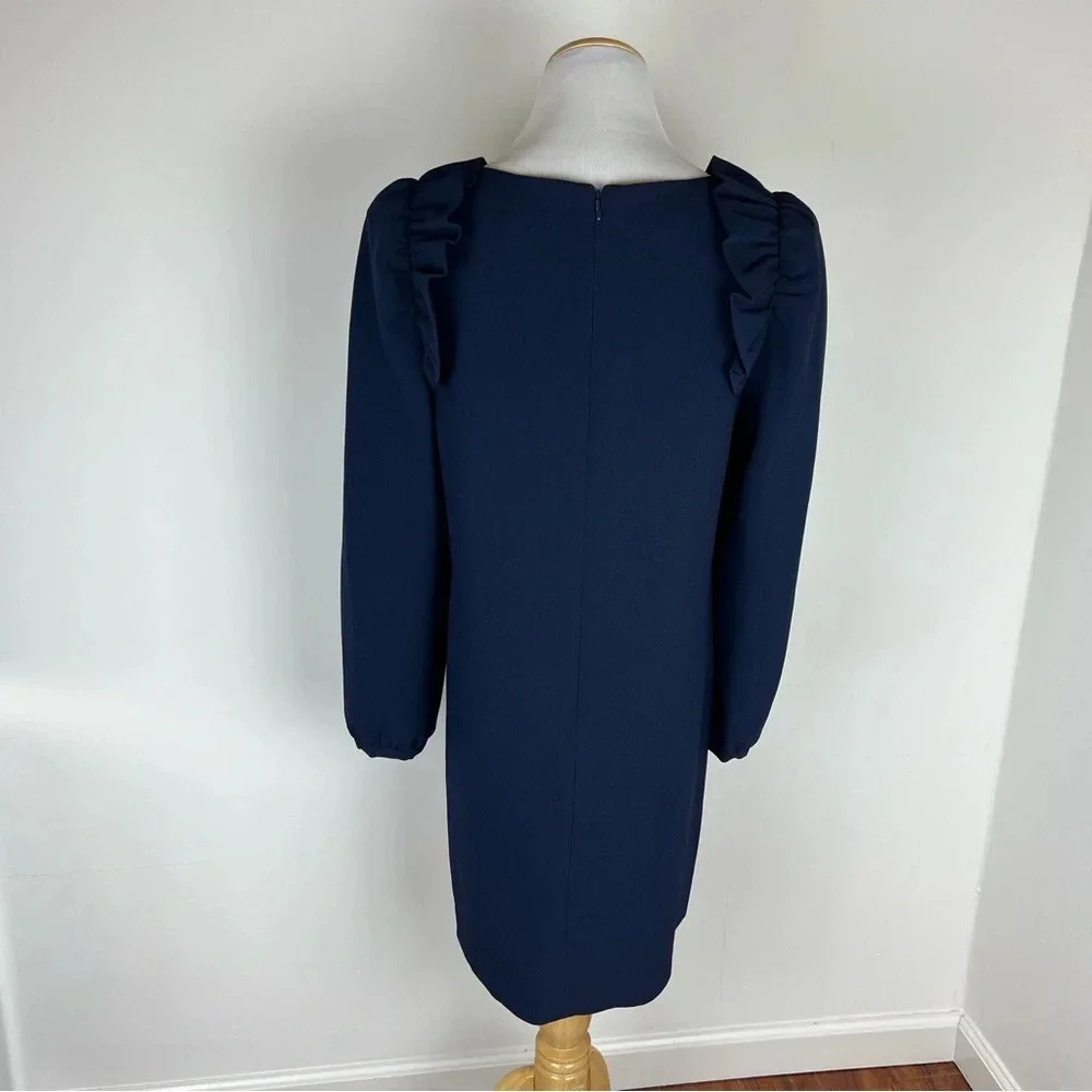 Eliza J Ruffle Shoulder Navy Blue Shift Dress Long Sleeve Size 8 - Picture 4 of 8